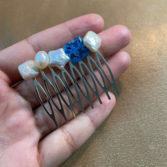 Genuine freshwater pearl Millefiori glass brass hair comb blue white star - Picture 3 of 5